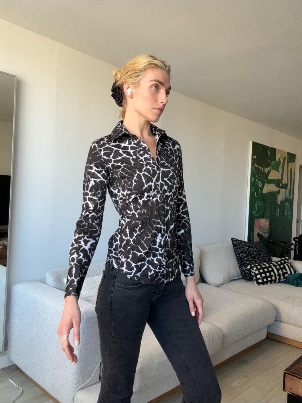 Calvin Klein Black White Animal Print Fitted Stretch Button Down Shirt XS